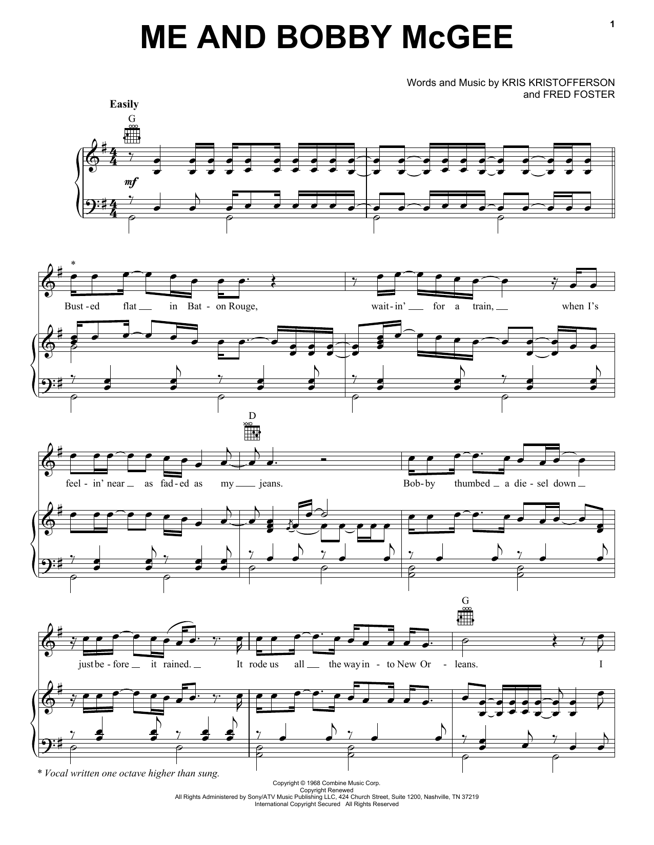 Janis Joplin Me And Bobby McGee sheet music notes and chords arranged for Easy Guitar