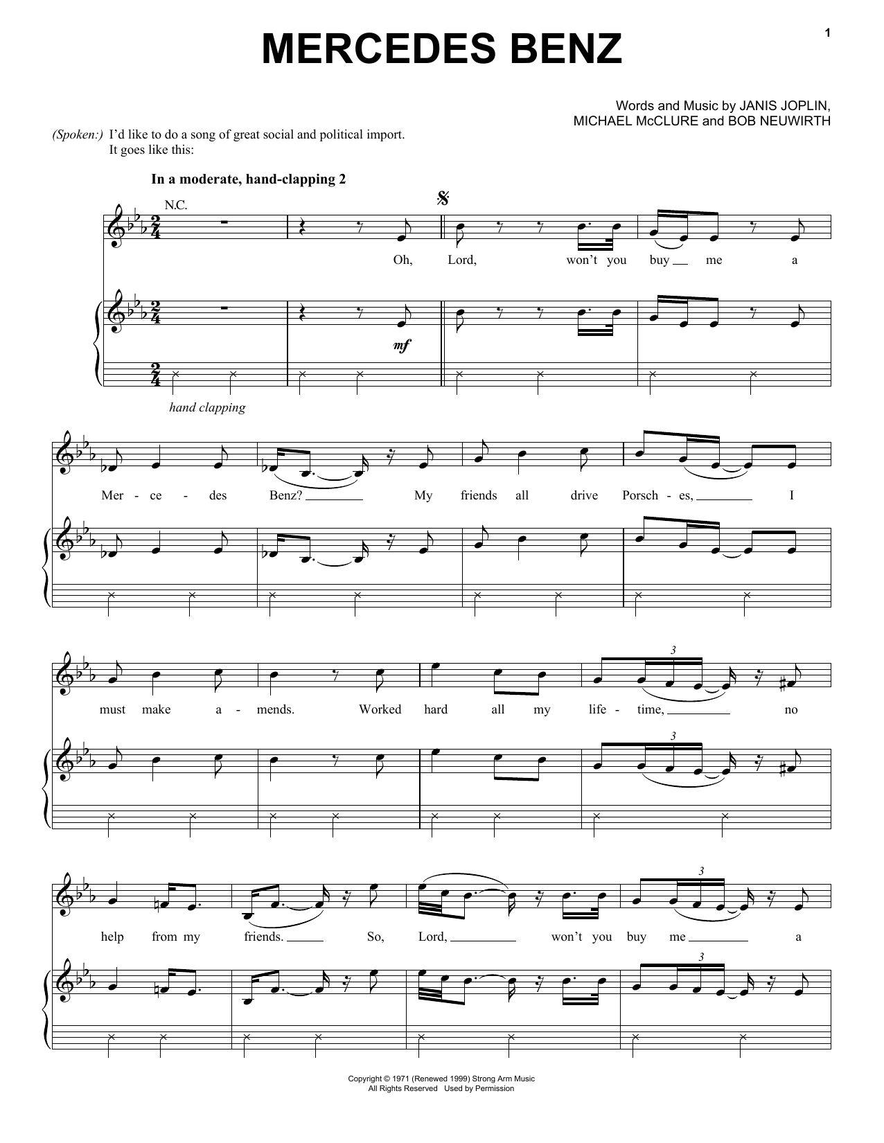 Janis Joplin Mercedes Benz (from the musical A Night With Janis Joplin) sheet music notes and chords arranged for Piano, Vocal & Guitar Chords (Right-Hand Melody)