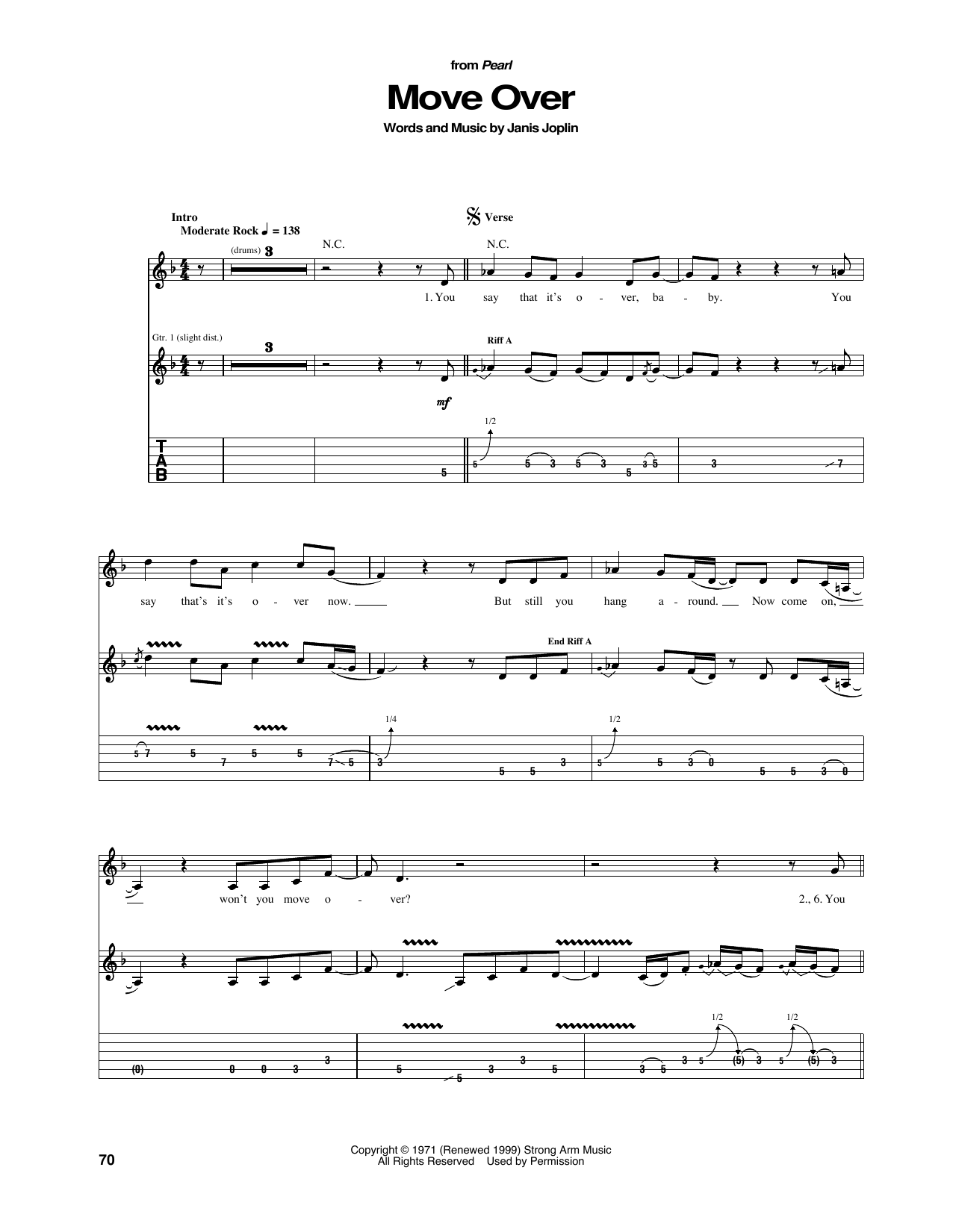 Janis Joplin Move Over sheet music notes and chords arranged for Guitar Tab