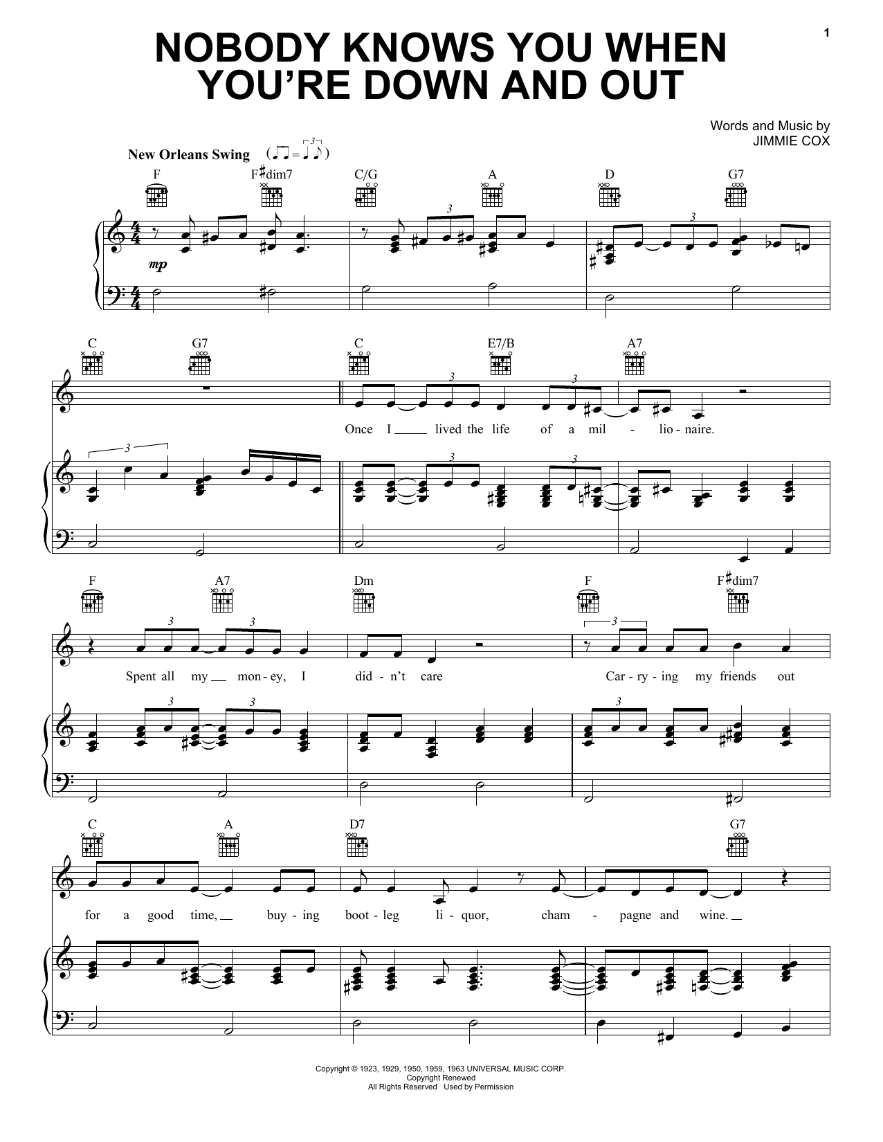 Janis Joplin Nobody Knows You When You're Down And Out (from the musical A Night With Janis Joplin) sheet music notes and chords arranged for Piano, Vocal & Guitar Chords (Right-Hand Melody)