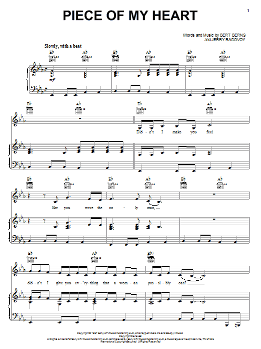 Janis Joplin Piece Of My Heart sheet music notes and chords arranged for Piano, Vocal & Guitar Chords (Right-Hand Melody)