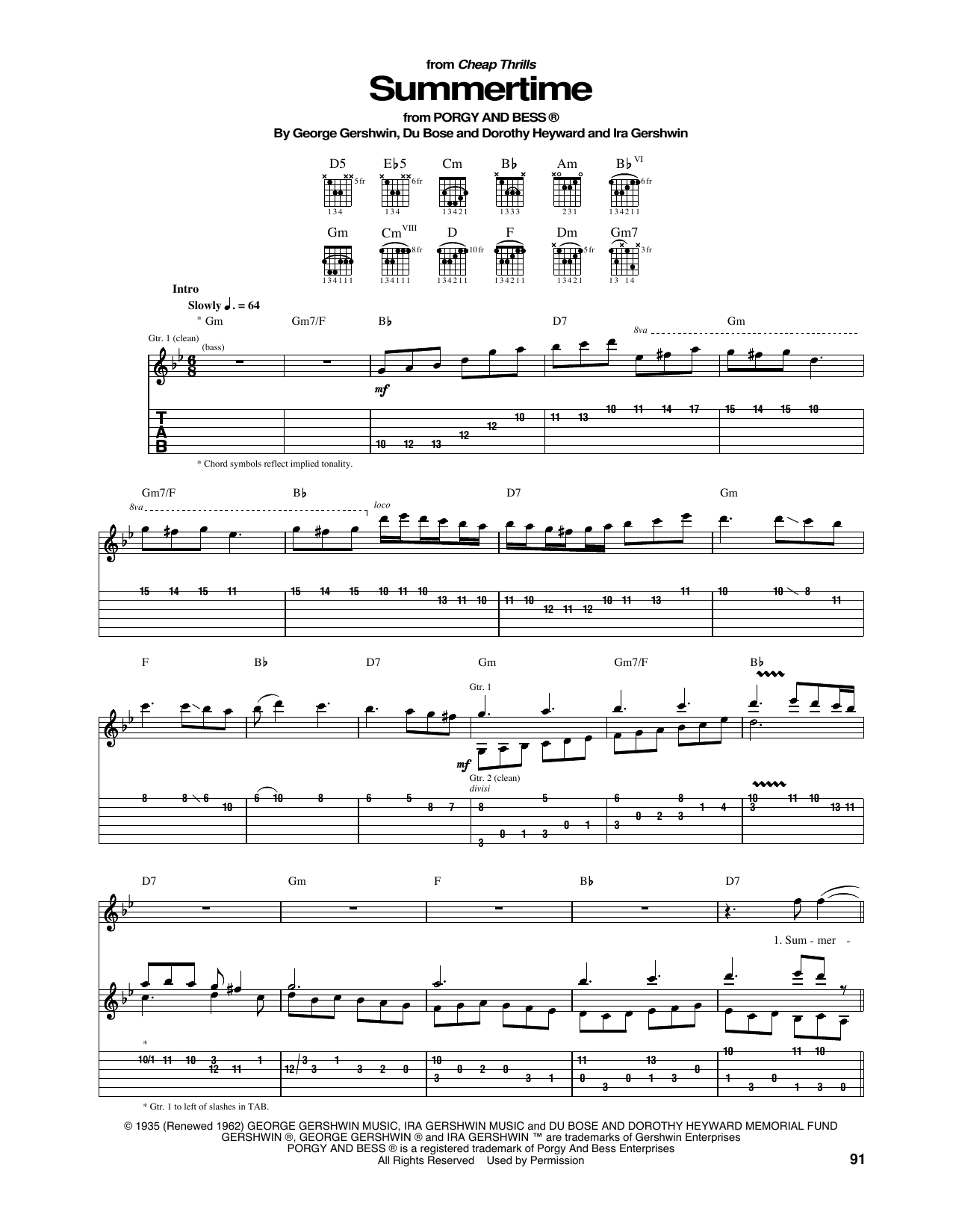 Janis Joplin Summertime sheet music notes and chords arranged for Guitar Tab
