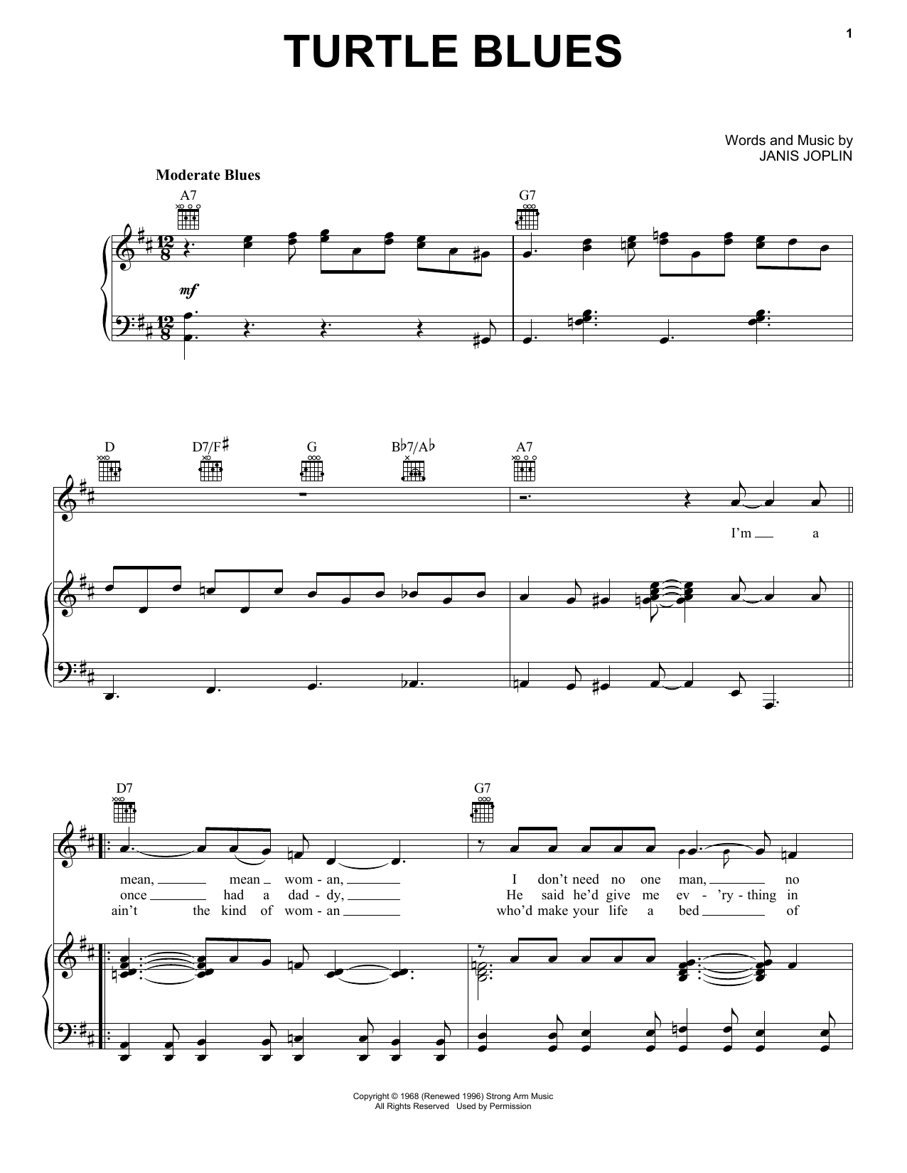 Janis Joplin Turtle Blues (from the musical A Night With Janis Joplin) sheet music notes and chords arranged for Piano, Vocal & Guitar Chords (Right-Hand Melody)
