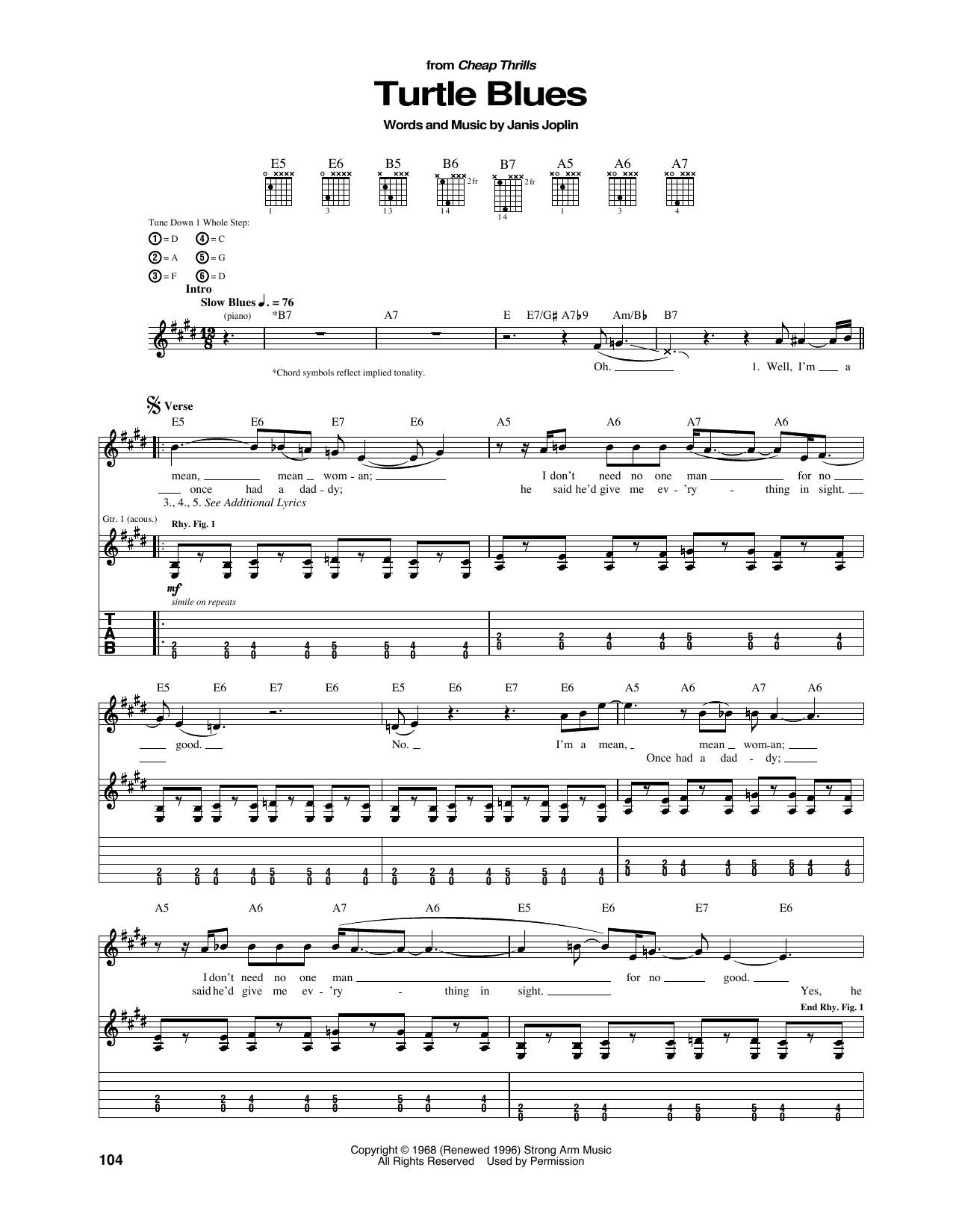 Janis Joplin Turtle Blues sheet music notes and chords arranged for Guitar Tab