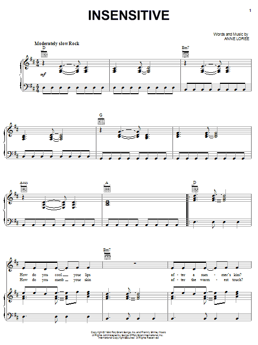 Jann Arden Insensitive sheet music notes and chords arranged for Piano, Vocal & Guitar Chords (Right-Hand Melody)