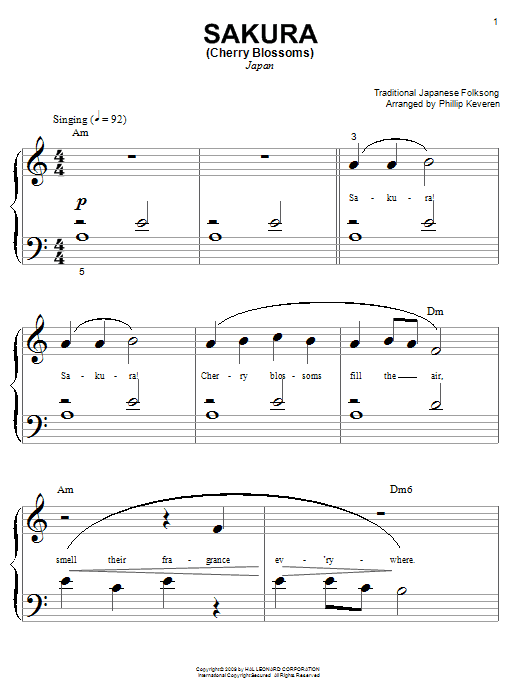 Japanese Folksong Sakura (Cherry Blossoms) (arr. Phillip Keveren) sheet music notes and chords arranged for Big Note Piano