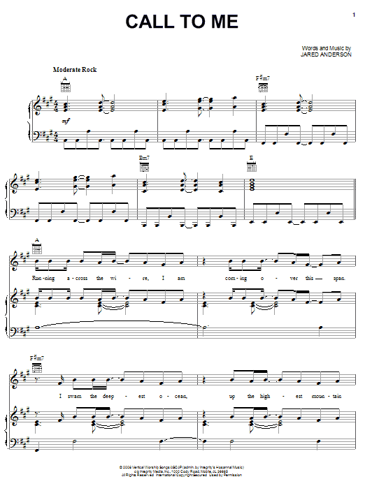 Jared Anderson Call To Me sheet music notes and chords arranged for Piano, Vocal & Guitar Chords (Right-Hand Melody)