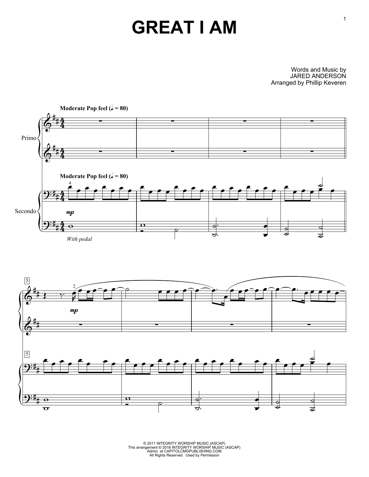 Jared Anderson Great I Am (arr. Phillip Keveren) sheet music notes and chords arranged for Piano Duet