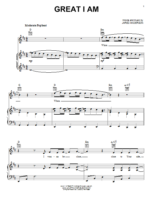 Jared Anderson Great I Am sheet music notes and chords arranged for Piano, Vocal & Guitar Chords (Right-Hand Melody)