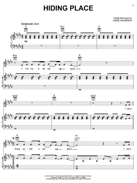 Jared Anderson Hiding Place sheet music notes and chords arranged for Piano, Vocal & Guitar Chords (Right-Hand Melody)