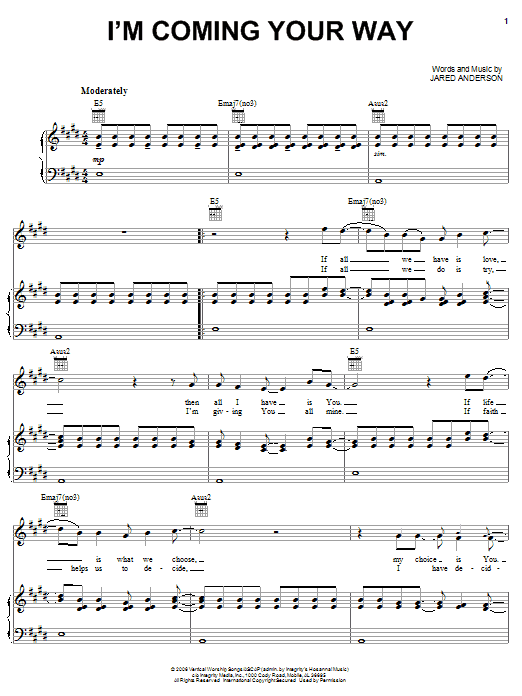 Jared Anderson I'm Coming Your Way sheet music notes and chords arranged for Piano, Vocal & Guitar Chords (Right-Hand Melody)