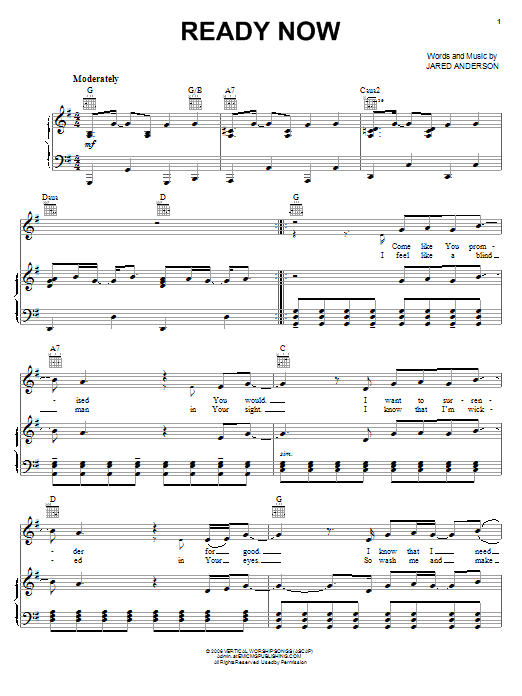 Jared Anderson Ready Now sheet music notes and chords arranged for Piano, Vocal & Guitar Chords (Right-Hand Melody)