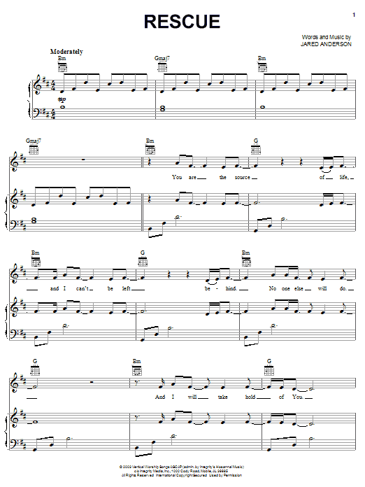 Jared Anderson Rescue sheet music notes and chords arranged for Piano, Vocal & Guitar Chords (Right-Hand Melody)