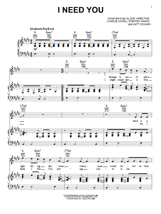 Jars Of Clay I Need You sheet music notes and chords arranged for Piano, Vocal & Guitar Chords (Right-Hand Melody)