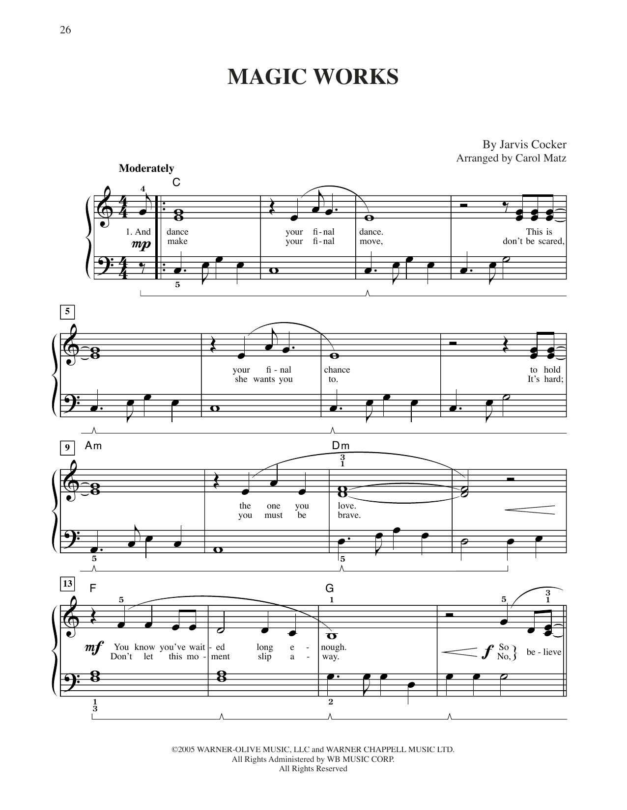 Jarvis Cocker Magic Works (from Harry Potter) (arr. Carol Matz) sheet music notes and chords arranged for Big Note Piano