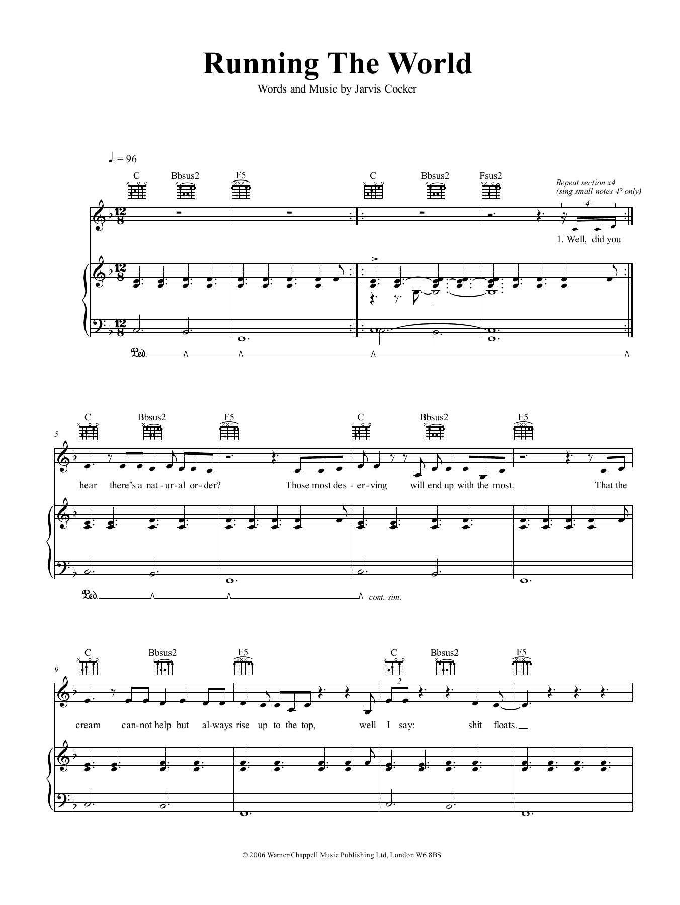 Jarvis Cocker Running The World sheet music notes and chords arranged for Piano, Vocal & Guitar Chords (Right-Hand Melody)