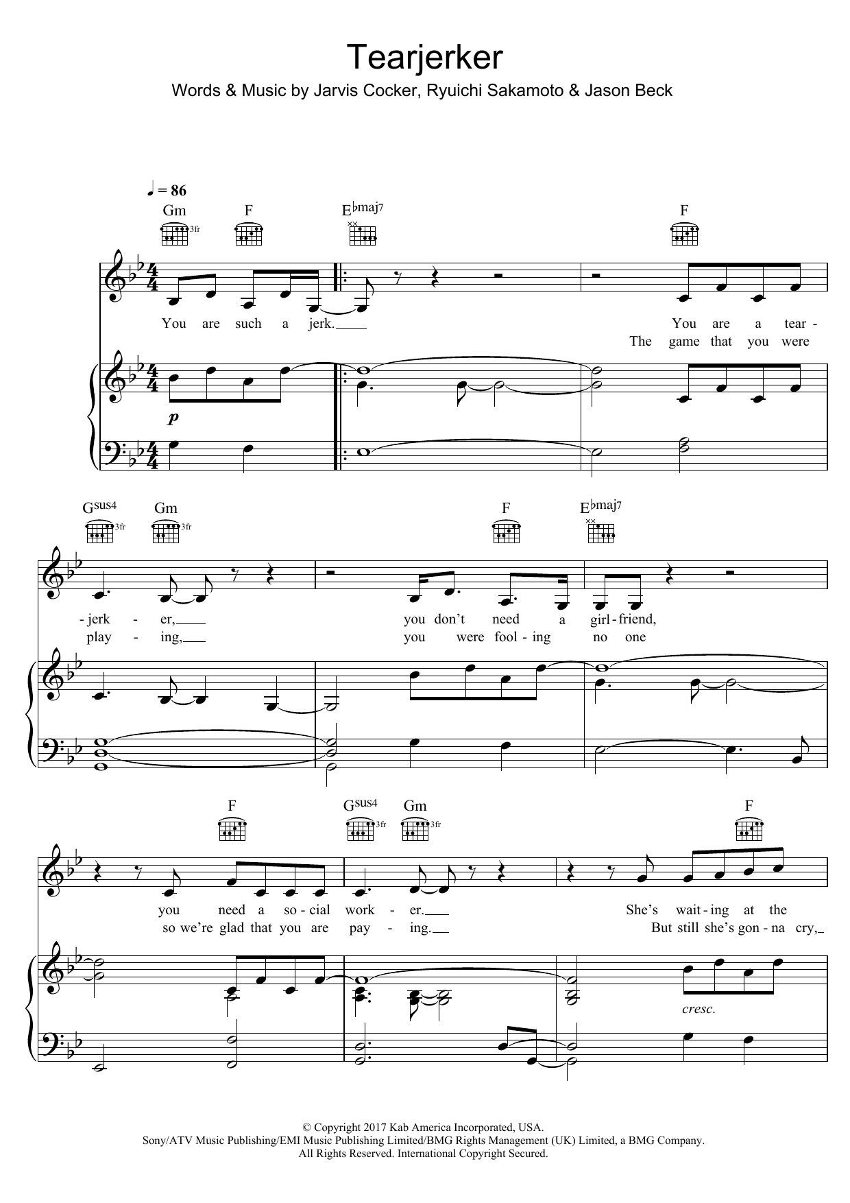 Jarvis Cocker Tearjerker sheet music notes and chords arranged for Piano, Vocal & Guitar Chords