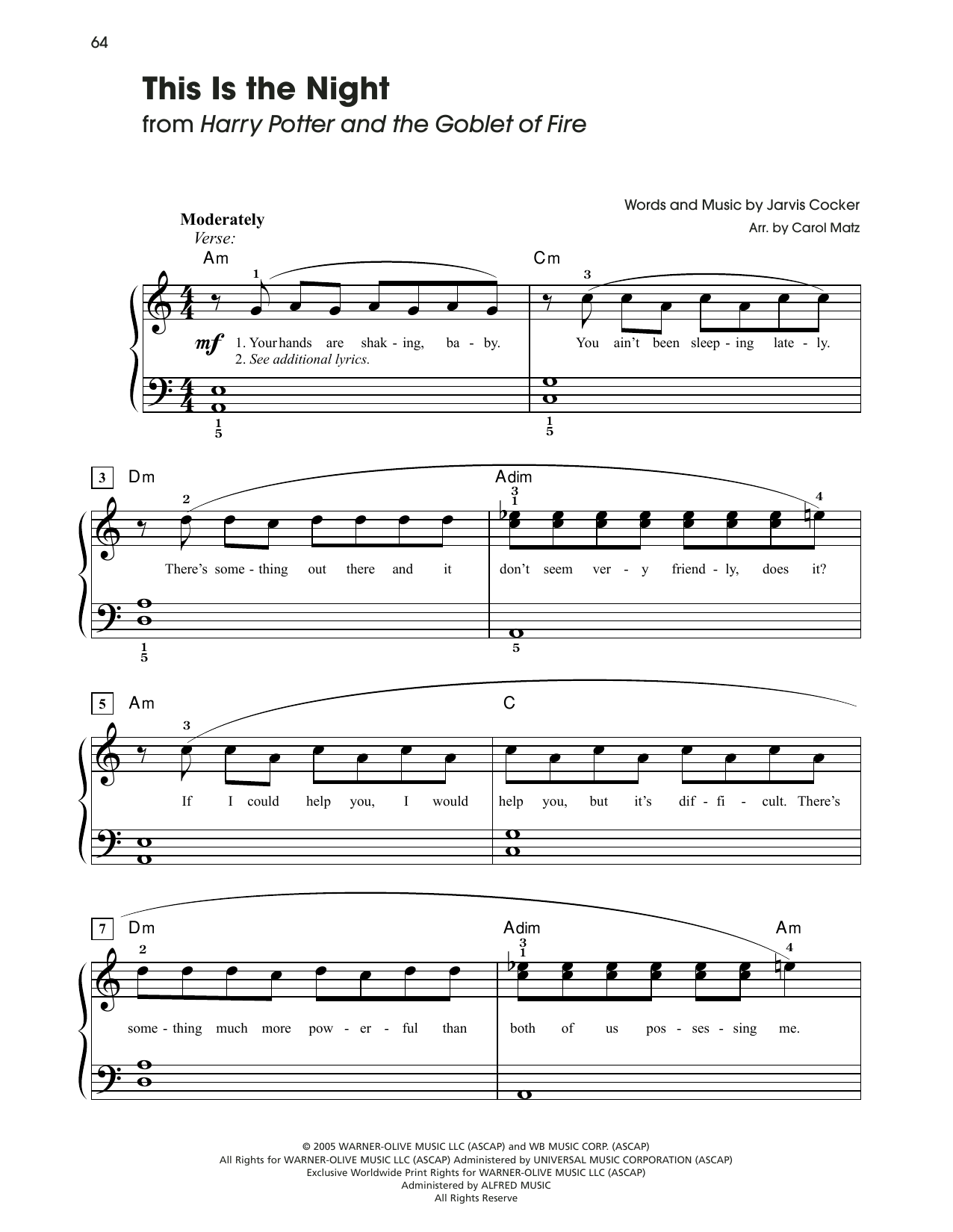 Jarvis Cocker This Is The Night (from Harry Potter And The Goblet Of Fire) (arr. Carol Matz) sheet music notes and chords arranged for Big Note Piano