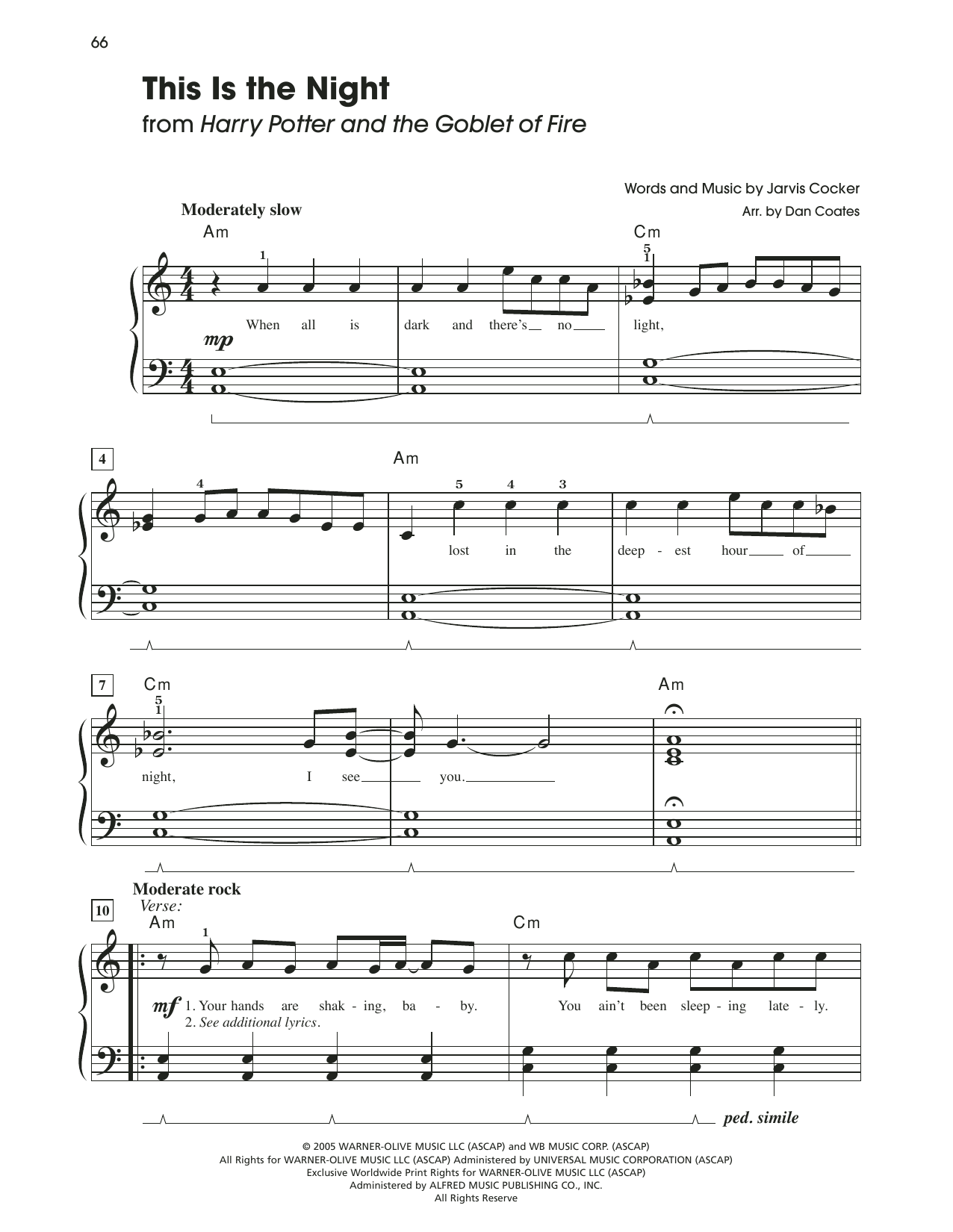 Jarvis Cocker This Is The Night (from Harry Potter And The Goblet Of Fire) (arr. Dan Coates) sheet music notes and chords arranged for Easy Piano