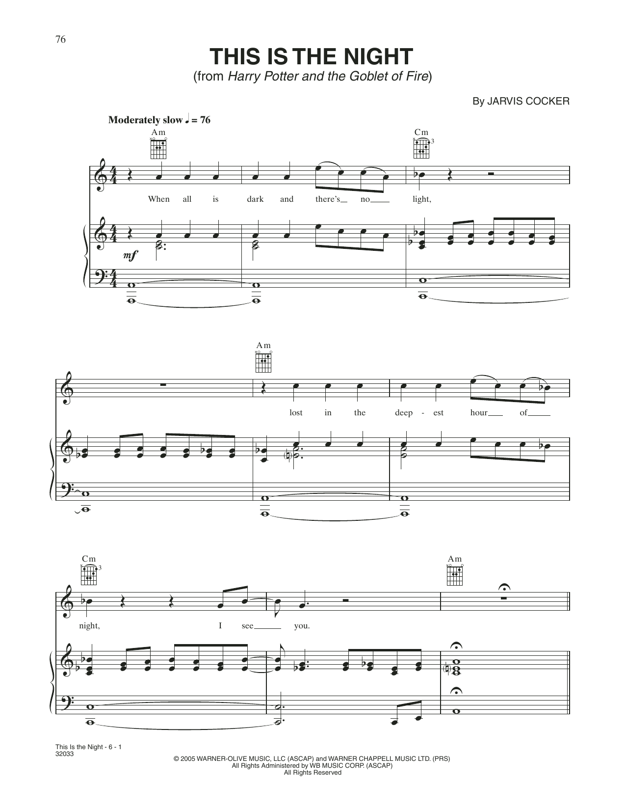 Jarvis Cocker This Is The Night (from Harry Potter And The Goblet Of Fire) sheet music notes and chords arranged for Piano, Vocal & Guitar Chords (Right-Hand Melody)