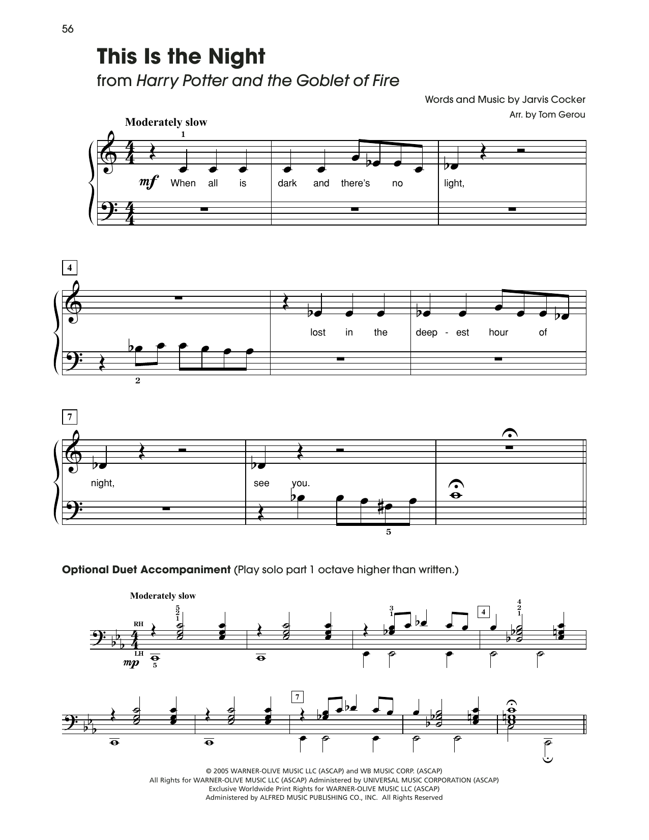 Jarvis Cocker This Is The Night (from Harry Potter) (arr. Tom Gerou) sheet music notes and chords arranged for 5-Finger Piano