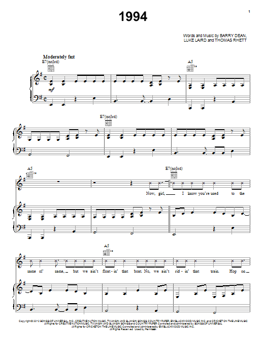 Jason Aldean 1994 sheet music notes and chords arranged for Piano, Vocal & Guitar Chords (Right-Hand Melody)
