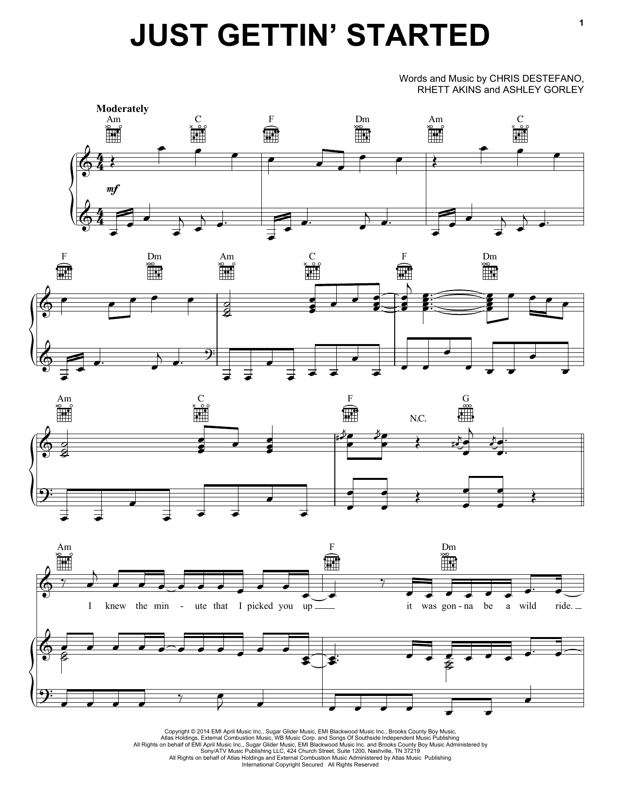 Jason Aldean Just Gettin' Started sheet music notes and chords arranged for Piano, Vocal & Guitar Chords (Right-Hand Melody)
