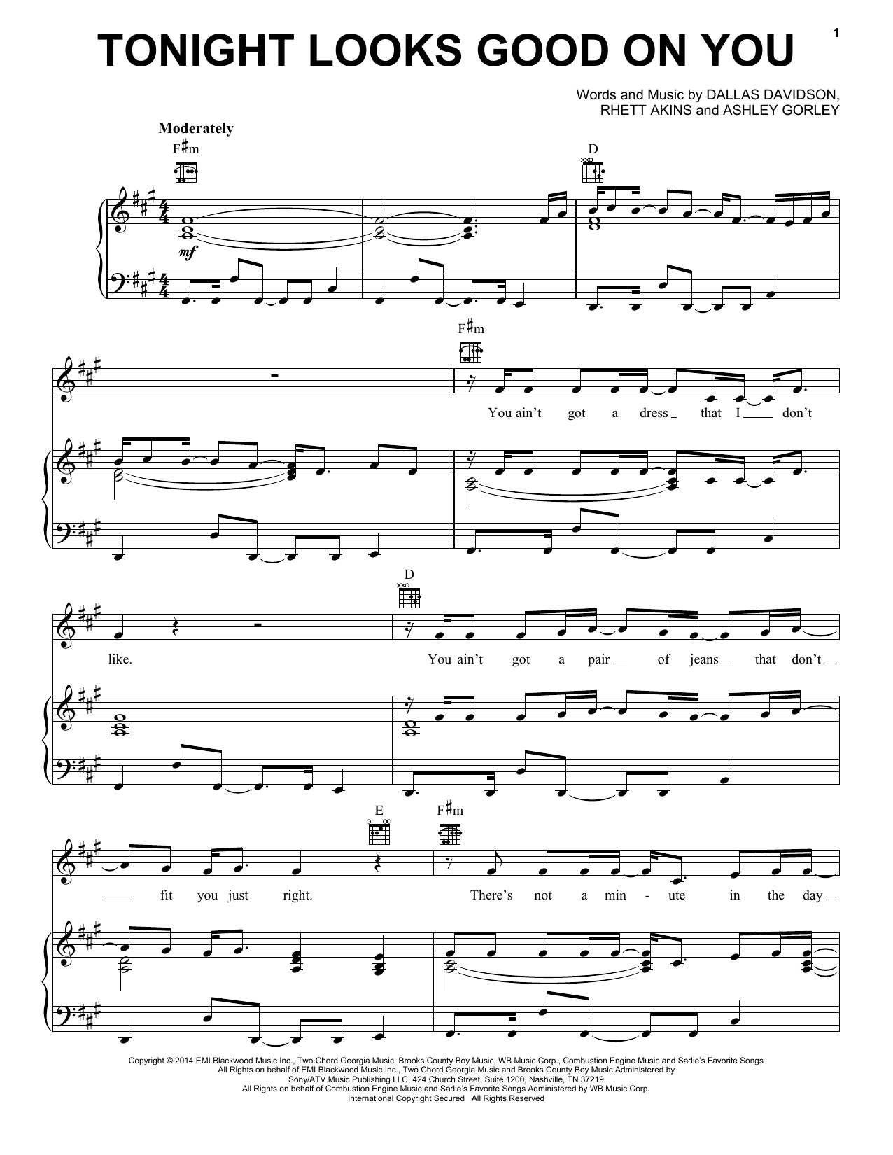 Jason Aldean Tonight Looks Good On You sheet music notes and chords arranged for Piano, Vocal & Guitar Chords (Right-Hand Melody)