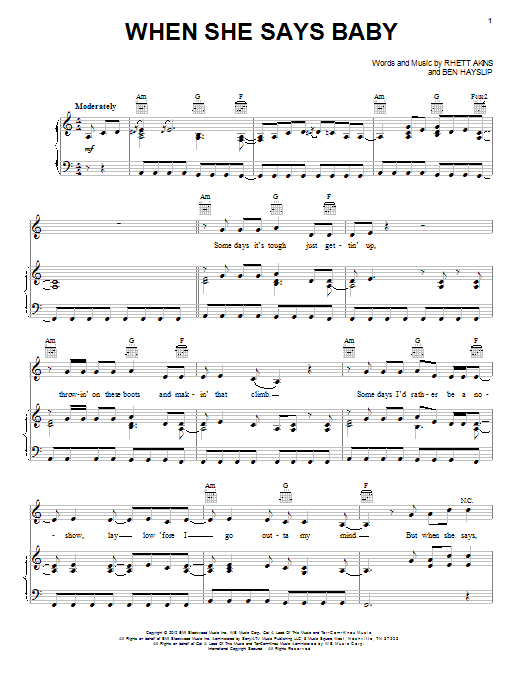 Jason Aldean When She Says Baby sheet music notes and chords arranged for Piano, Vocal & Guitar Chords (Right-Hand Melody)