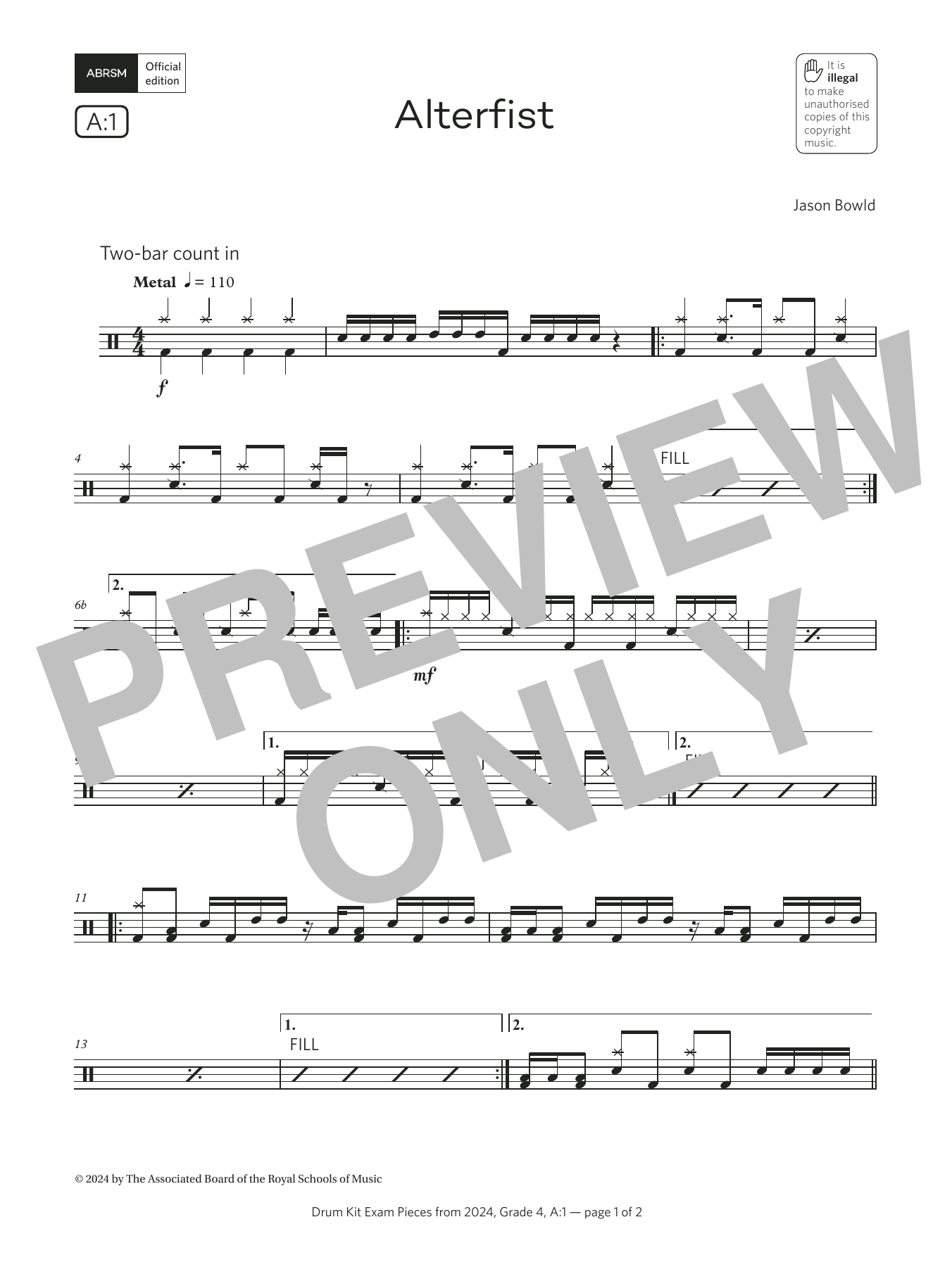 Jason Bowld Alterfist (Grade 4, list A1, from the ABRSM Drum Kit Syllabus 2024) sheet music notes and chords arranged for Drums
