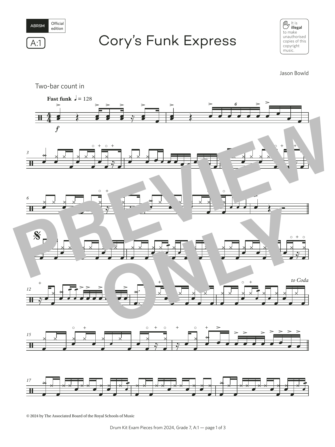 Jason Bowld Cory's Funk Express (Grade 7, list A1, from the ABRSM Drum Kit Syllabus 2024) sheet music notes and chords arranged for Drums
