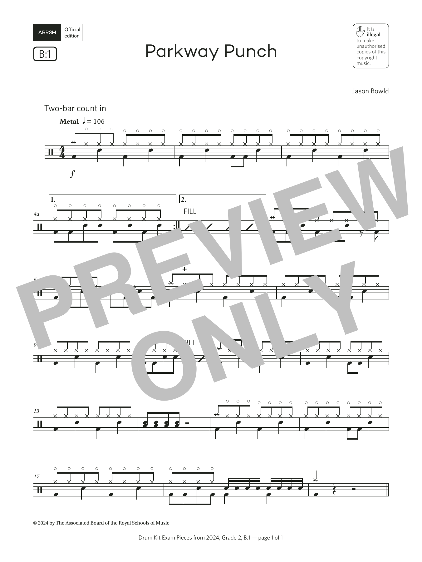 Jason Bowld Parkway Punch (Grade 2, list B1, from the ABRSM Drum Kit Syllabus 2024) sheet music notes and chords arranged for Drums