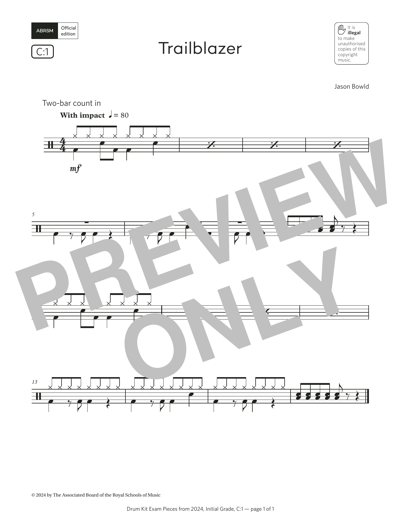 Jason Bowld Trailblazer (Grade Initial, list C1, from the ABRSM Drum Kit Syllabus 2024) sheet music notes and chords arranged for Drums