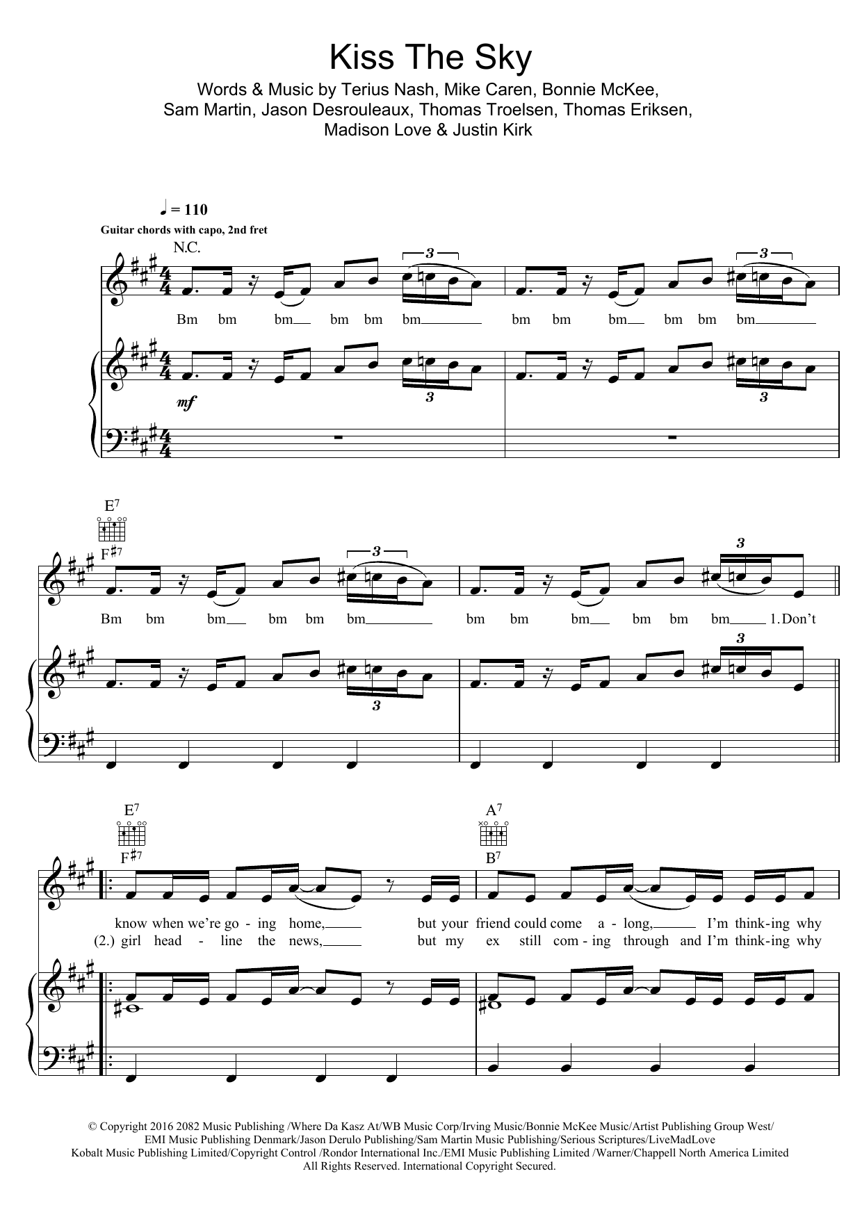 Jason Derulo Kiss The Sky sheet music notes and chords arranged for Piano, Vocal & Guitar Chords