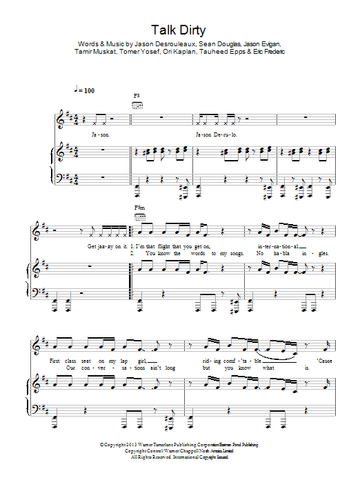 Jason Derulo Talk Dirty sheet music notes and chords arranged for Piano, Vocal & Guitar Chords (Right-Hand Melody)
