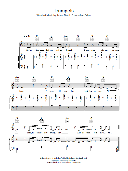 Jason Derulo Trumpets sheet music notes and chords arranged for Piano, Vocal & Guitar Chords