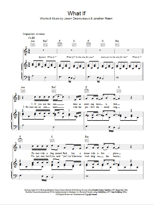 Jason Derulo What If sheet music notes and chords arranged for Piano, Vocal & Guitar Chords