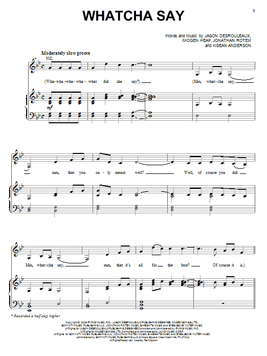 Jason Derulo Whatcha Say sheet music notes and chords arranged for Piano, Vocal & Guitar Chords