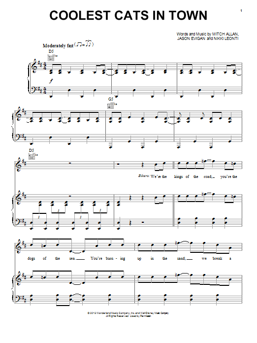 Jason Evigan Coolest Cats In Town sheet music notes and chords arranged for Piano, Vocal & Guitar Chords (Right-Hand Melody)