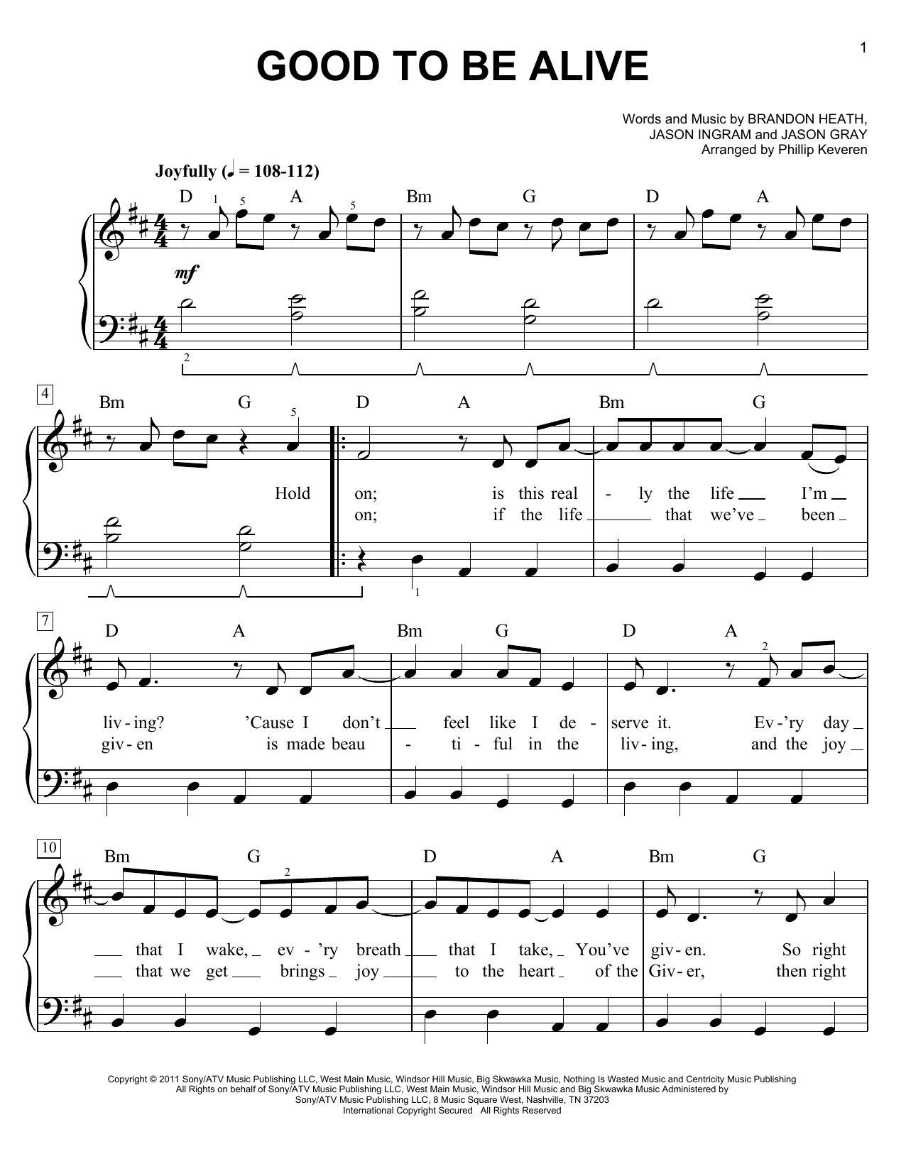 Jason Gray Good To Be Alive (arr. Phillip Keveren) sheet music notes and chords arranged for Easy Piano