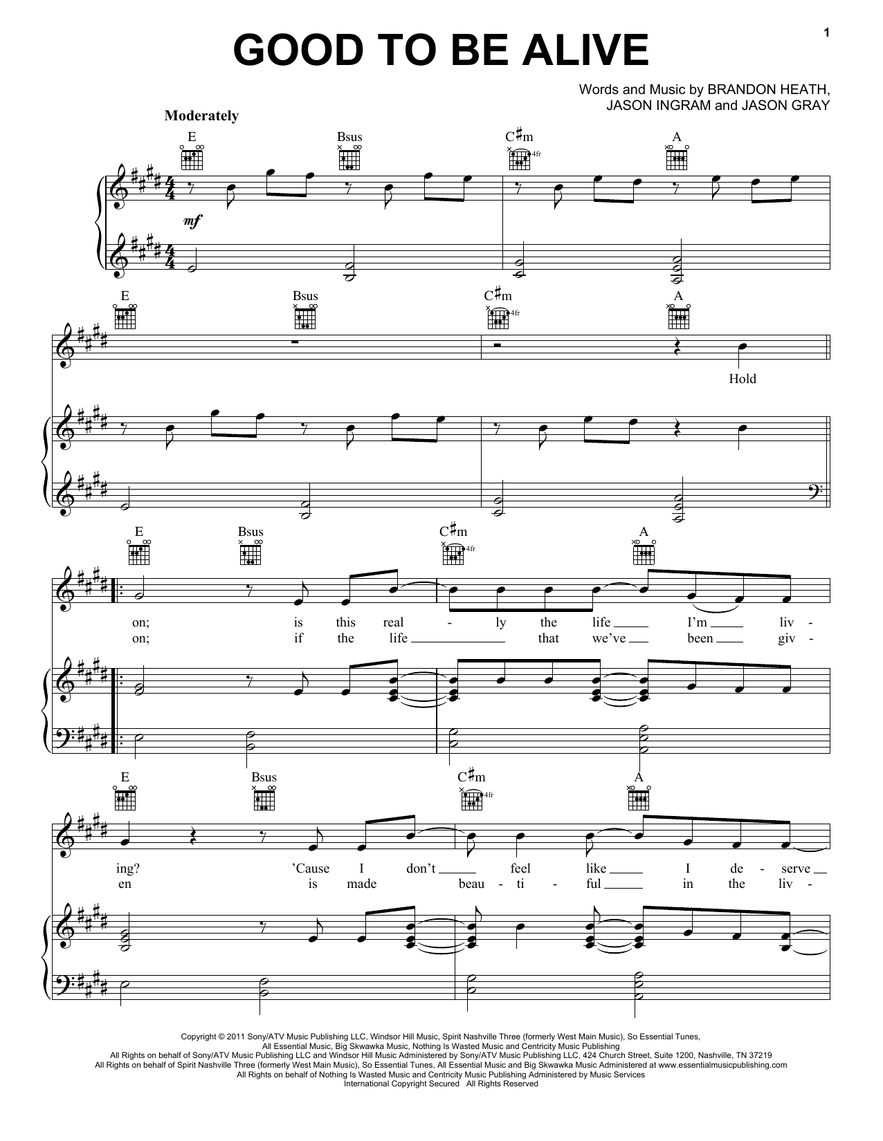 Jason Gray Good To Be Alive sheet music notes and chords arranged for Piano, Vocal & Guitar Chords (Right-Hand Melody)