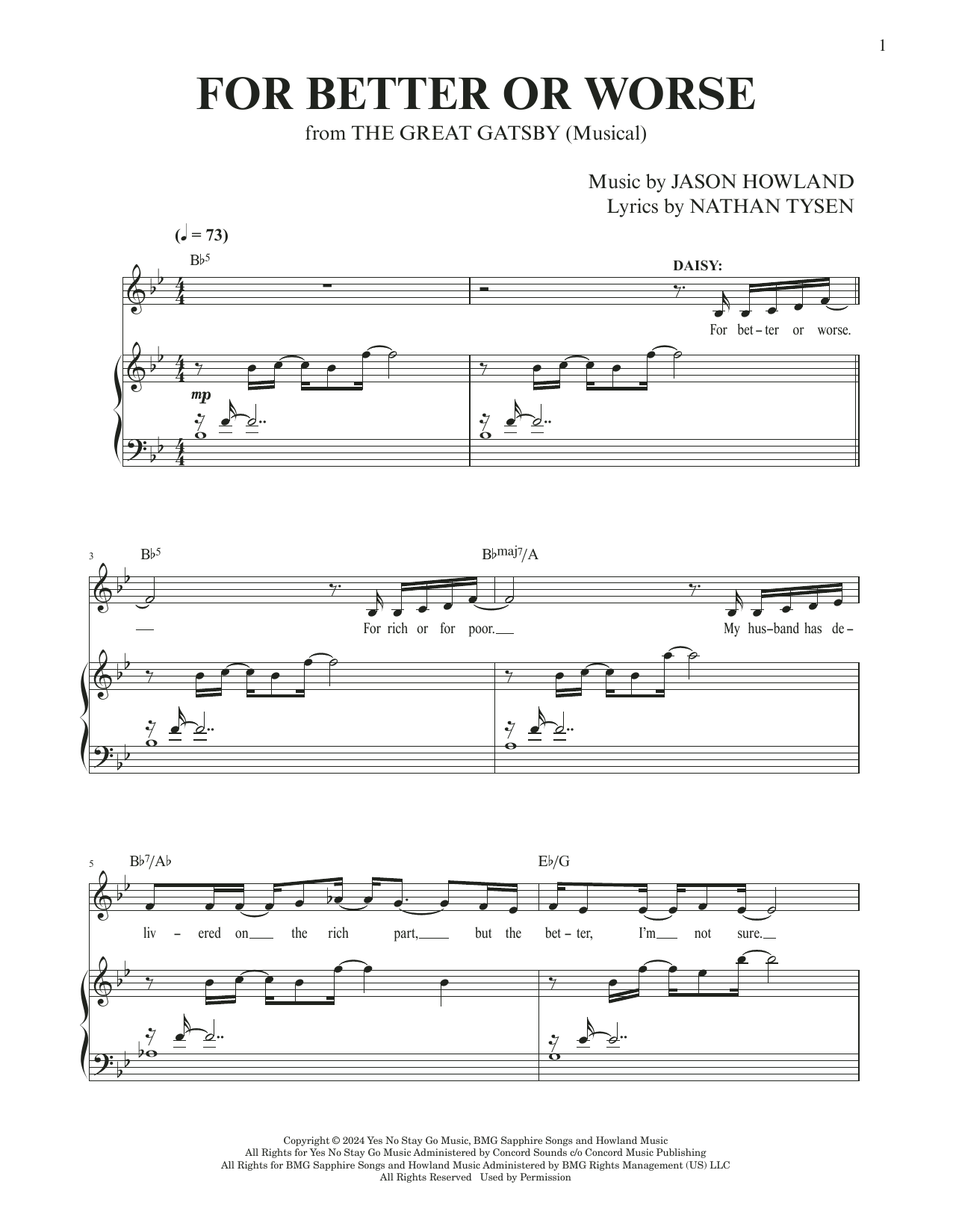 Jason Howland & Nathan Tysen For Better Or Worse (from The Great Gatsby) sheet music notes and chords arranged for Piano & Vocal