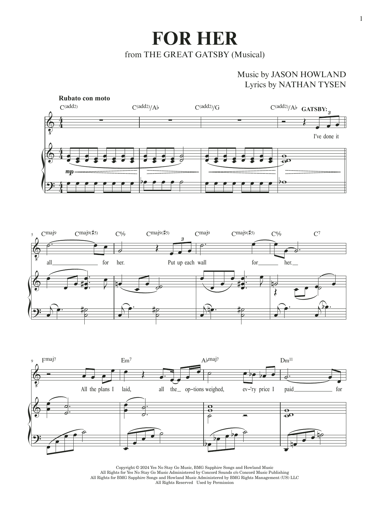 Jason Howland & Nathan Tysen For Her (from The Great Gatsby) sheet music notes and chords arranged for Piano & Vocal