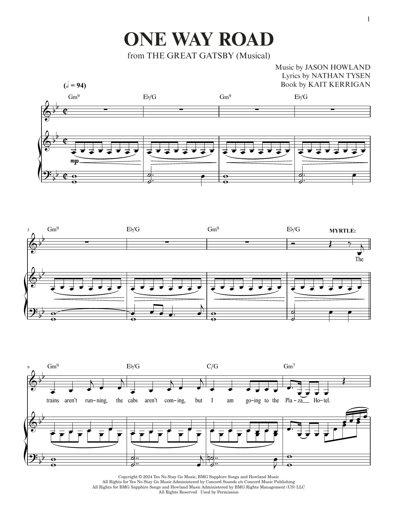 Jason Howland & Nathan Tysen One Way Road (from The Great Gatsby) sheet music notes and chords arranged for Piano & Vocal