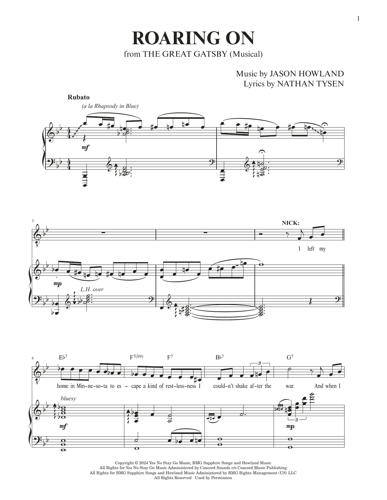 Jason Howland & Nathan Tysen Roaring On (from The Great Gatsby) sheet music notes and chords arranged for Piano & Vocal