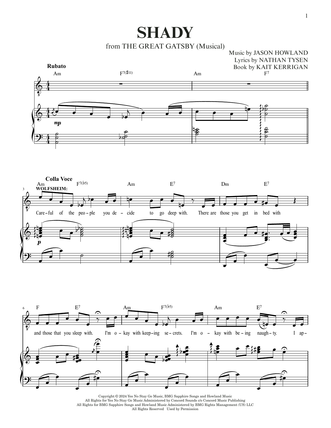 Jason Howland & Nathan Tysen Shady (from The Great Gatsby) sheet music notes and chords arranged for Piano & Vocal