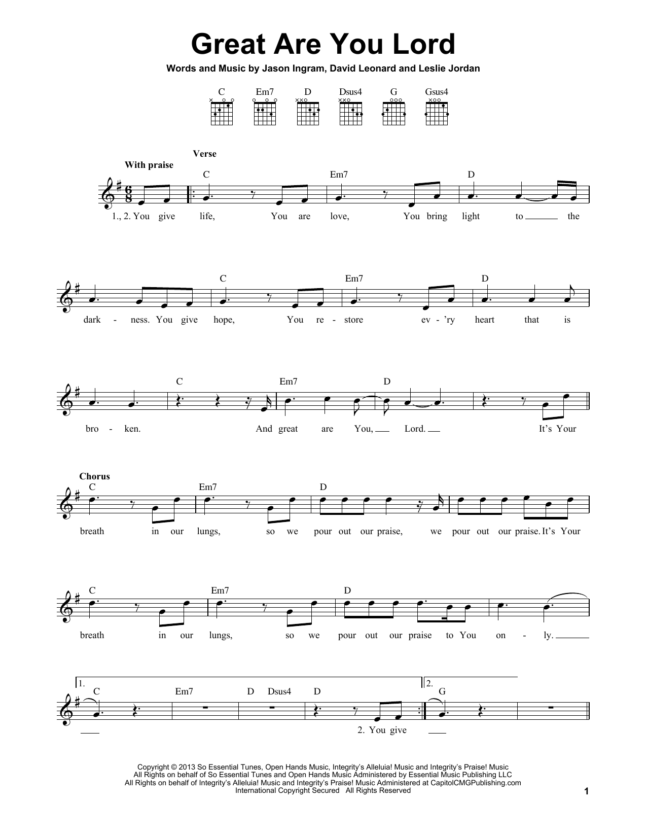 Jason Ingram Great Are You Lord sheet music notes and chords arranged for Easy Guitar