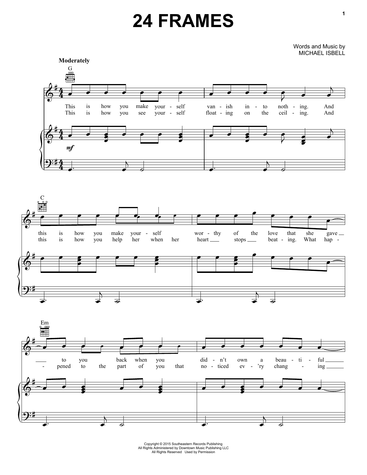 Jason Isbell 24 Frames sheet music notes and chords arranged for Piano, Vocal & Guitar Chords (Right-Hand Melody)