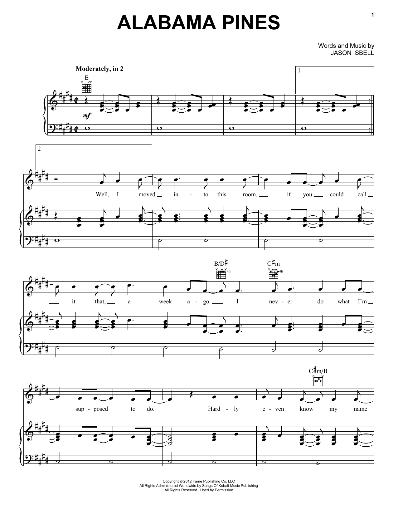 Jason Isbell & The 400 Unit Alabama Pines sheet music notes and chords arranged for Piano, Vocal & Guitar Chords (Right-Hand Melody)