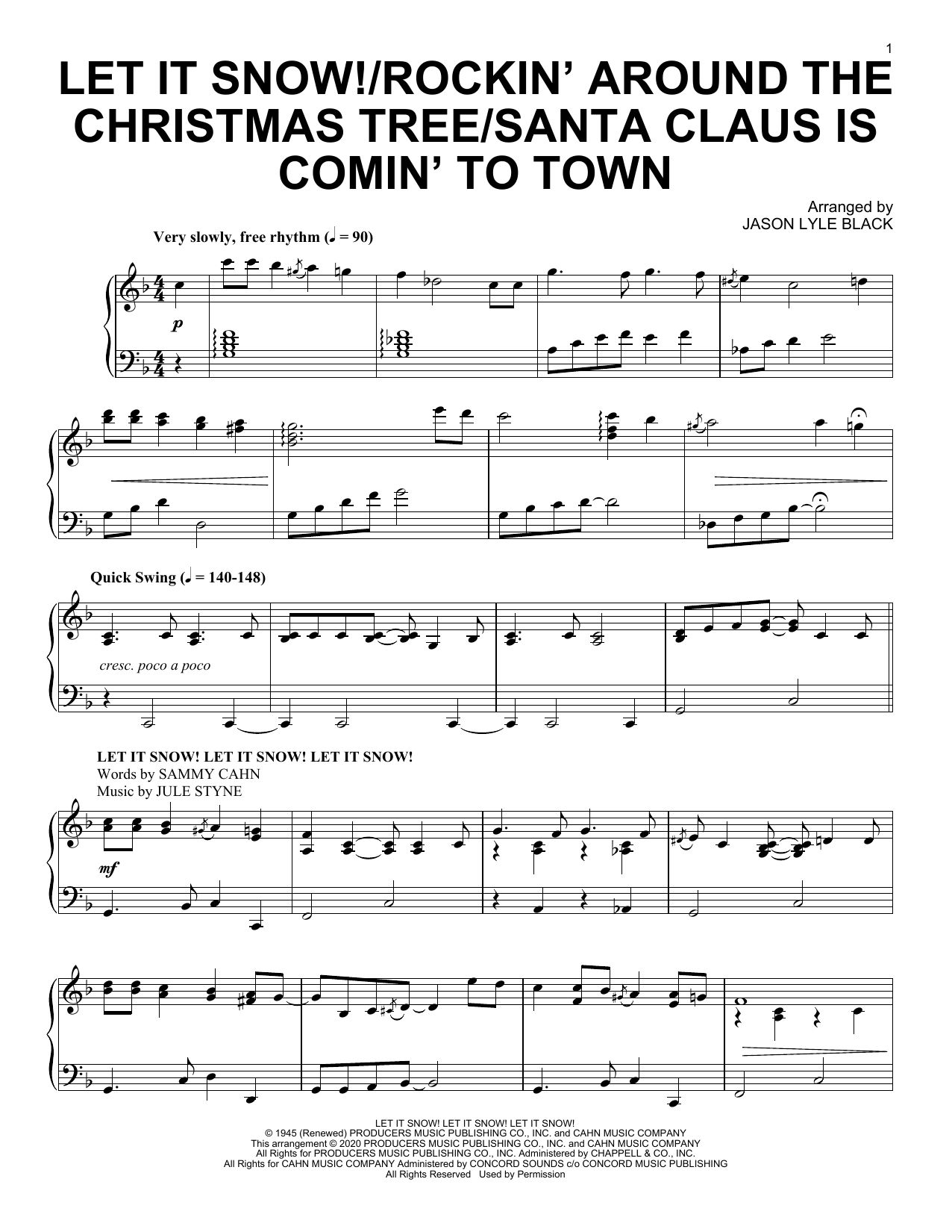 Jason Lyle Black Let It Snow!/Rockin' Around the Christmas Tree/Santa Claus Is Comin' To Town sheet music notes and chords arranged for Piano Solo